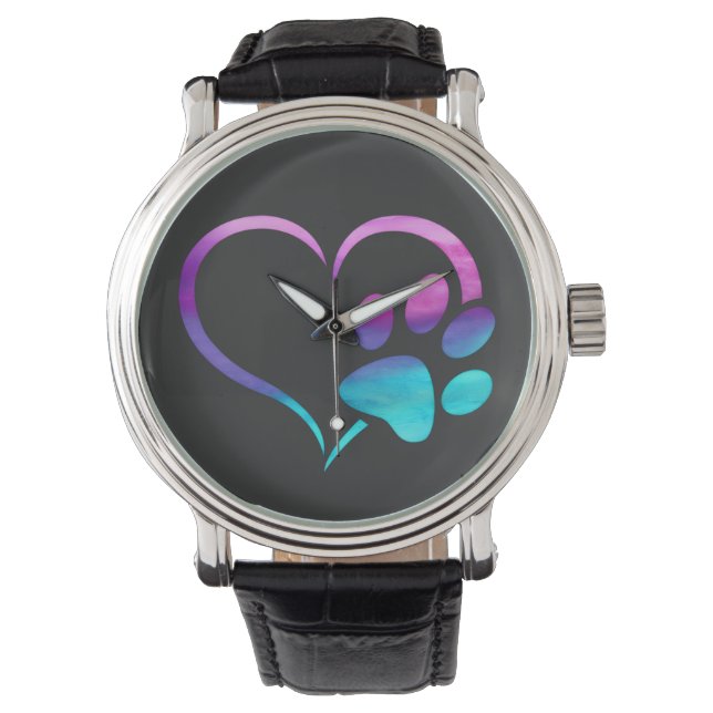 Reloj De Pulsera Purple Cyan Dog paw Print Heart  (Anverso)