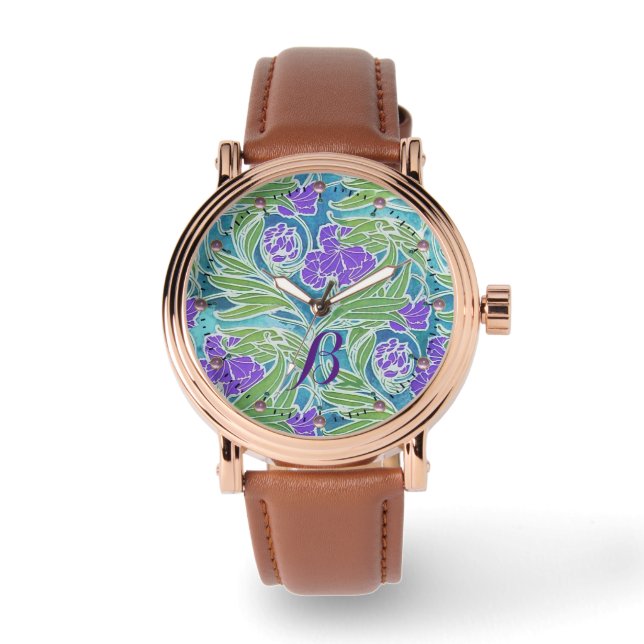 RELOJ DE PULSERA PURPLE FLEUR DE LIS ,GREEN DEJA AQUA FLORAL AZUL (Anverso)