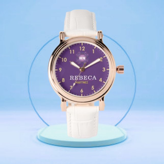 Reloj De Pulsera Purple Personalized with White Leather Custom  (Subido por el creador)
