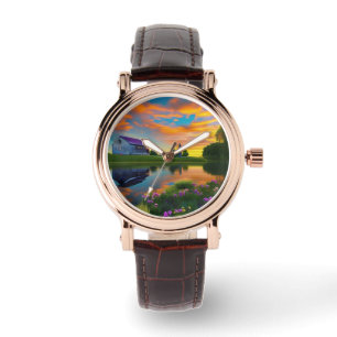 Reloj De Pulsera Púrpura tejado de granjas Estanque al amanecer