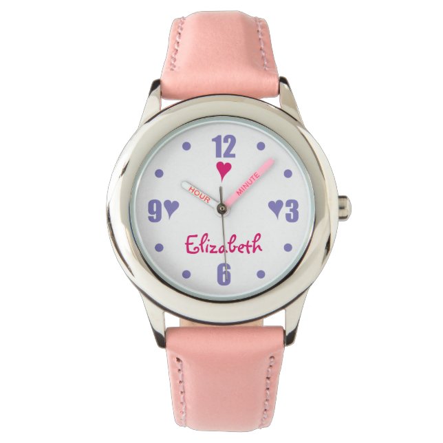 Reloj De Pulsera Púrpura y rosa con corazones y nombre (Anverso)