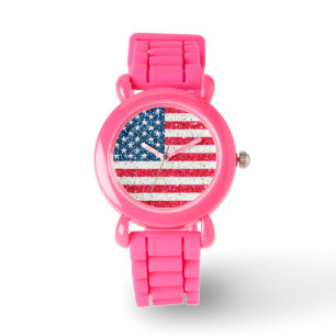 Reloj De Pulsera Purpurina azul blanco rojo bandera estadounidense 