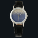 Reloj De Pulsera Purpurina azul de la marina de oro guión Monograma<br><div class="desc">Reloj de nombres de monograma de Purpurina de guion de esparkle azul y oro de la Marina. Esto hace que la graduación perfecta, el cumpleaños, el boda, la ducha de novia, el aniversario, la ducha de bebé o la fiesta de soltera sea un regalo para alguien que ama el lujo...</div>