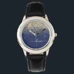 Reloj De Pulsera Purpurina azul de la marina de oro guión Monograma<br><div class="desc">Reloj de nombres de monograma de Purpurina de guion de esparkle azul y oro de la Marina. Esto hace que el dulce perfecto cumpleaños 16, boda, ducha de novia, aniversario, ducha de bebé o fiesta de soltera sea regalo para alguien que ama el lujo glam y los estilos de moda....</div>