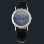 Reloj De Pulsera Purpurina azul de la Marina Plata Monograma Girly<br><div class="desc">Reloj de nombres de monograma del Purpurina de espuma azul y plateado de la Marina. Esto hace que la graduación perfecta, el cumpleaños, el boda, la ducha de novia, el aniversario, la ducha de bebé o la fiesta de soltera sea un regalo para alguien que ama el lujo glam y...</div>