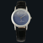 Reloj De Pulsera Purpurina azul de la Marina Plata Monograma Girly<br><div class="desc">Reloj de nombres de monograma de Purpurina de la aguja azul y plateado de la aguja. Esto hace que la graduación perfecta, el cumpleaños, el boda, la ducha de novia, el aniversario, la ducha de bebé o la fiesta de soltera sea un regalo para alguien que ama el lujo glam...</div>