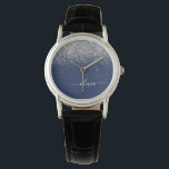 Reloj De Pulsera Purpurina azul de la Marina Plata Monograma Girly<br><div class="desc">Reloj de nombres de monograma de Purpurina de la aguja azul y plateado de la aguja. Esto hace que la graduación perfecta, el cumpleaños, el boda, la ducha de novia, el aniversario, la ducha de bebé o la fiesta de soltera sea un regalo para alguien que ama el lujo glam...</div>