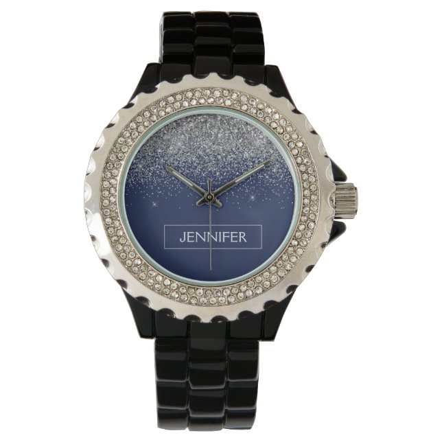 Reloj De Pulsera Purpurina azul de la Marina Plata Monograma Girly (Anverso)