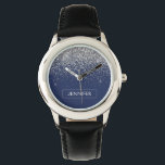 Reloj De Pulsera Purpurina azul de la Marina Plata Monograma Girly<br><div class="desc">Reloj de nombres de monograma del Purpurina de espuma azul de plata y marina. Esto hace que el dulce perfecto cumpleaños 16,  boda,  ducha de novia,  aniversario,  ducha de bebé o fiesta de soltera sea regalo para alguien que ama el lujo glam y los estilos de moda.</div>