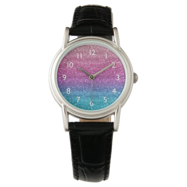 Reloj De Pulsera Purpurina de degradado rosa y azul espumoso (Anverso)