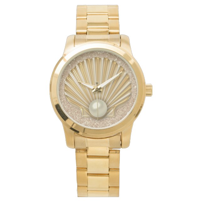 Reloj De Pulsera Purpurina de Faux Gold Seashell & Pearl Gold (Anverso)