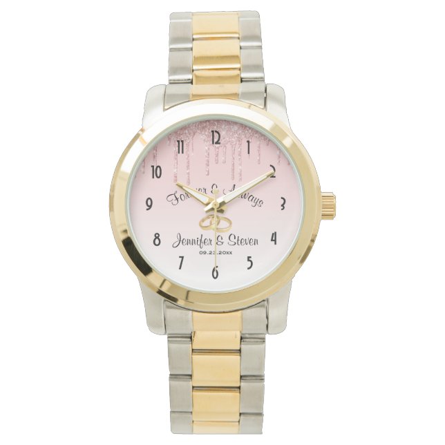 Reloj De Pulsera Purpurina de goteo rosado Boda moderno (Anverso)