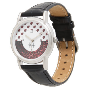Reloj De Pulsera Purpurina de imitación rojo oscuro rompe Monograma