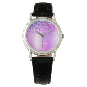 Reloj De Pulsera Purpurina de monograma púrpura Sparkle Girly Scrip