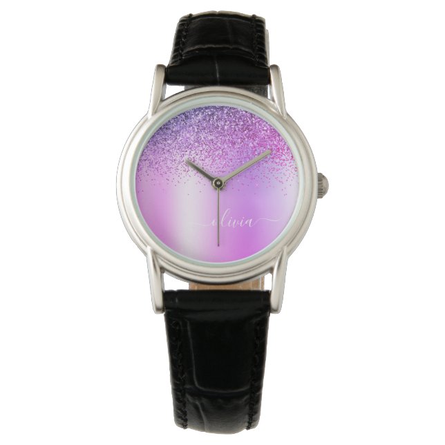 Reloj De Pulsera Purpurina de monograma púrpura Sparkle Girly Scrip (Anverso)