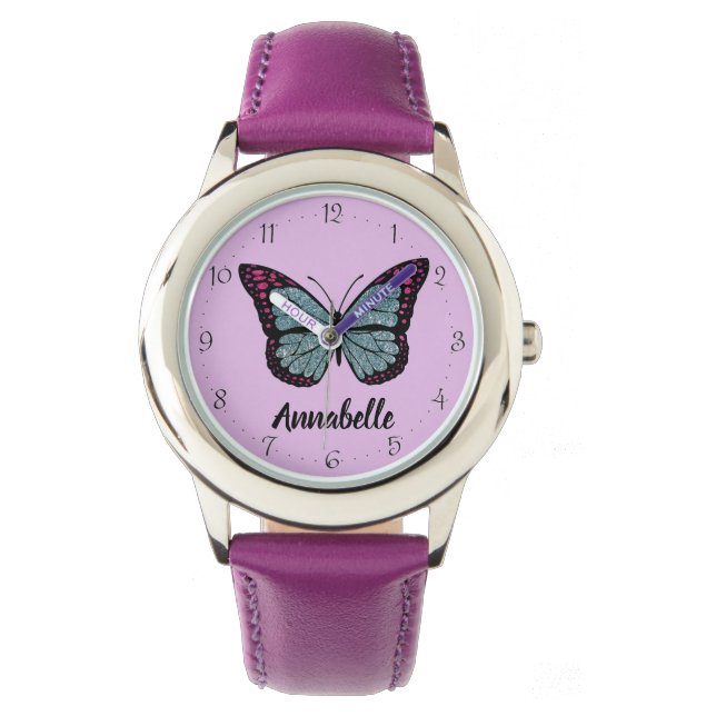 Reloj De Pulsera Purpurina de nombres personalizado mariposa morada (Anverso)