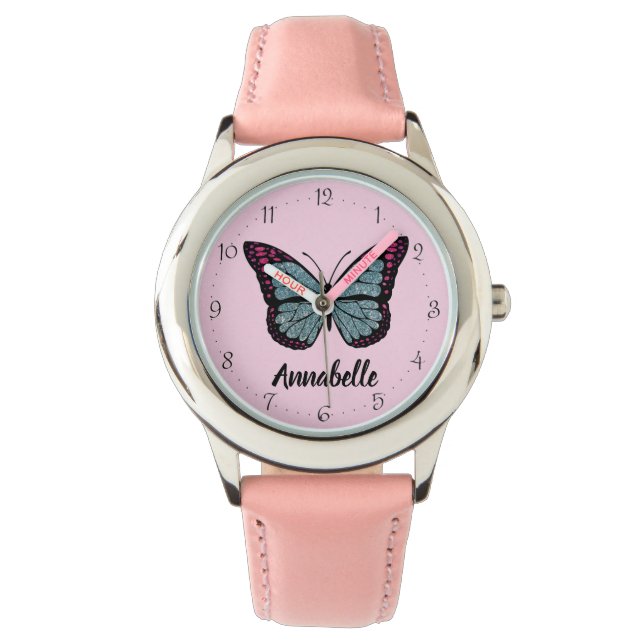 Reloj De Pulsera Purpurina de nombres personalizado mariposa niños  (Anverso)