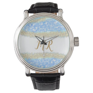 Reloj De Pulsera purpurina de oro azul chispa monograma texto
