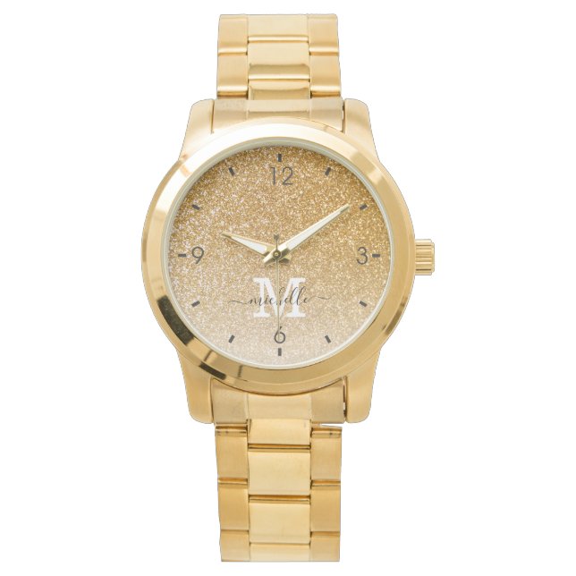 Reloj De Pulsera Purpurina de oro elegante de moda Monograma Nombre (Anverso)