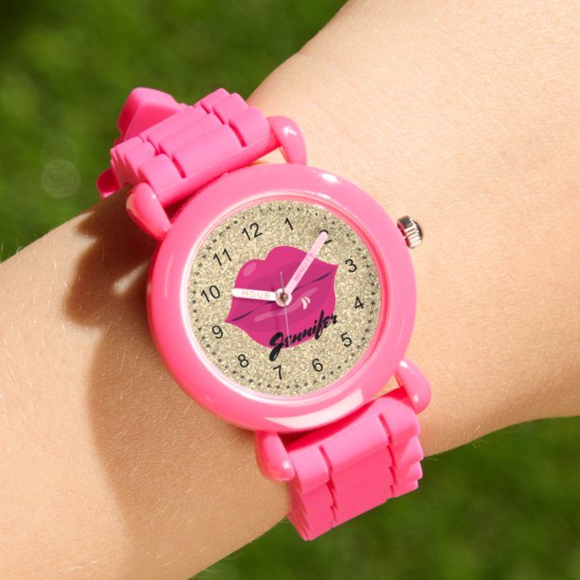 Reloj De Pulsera purpurina de oro labios rosas chica personalizado (Subido por el creador)