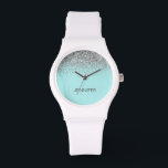 Reloj De Pulsera Purpurina de plata azul Aqua verde azulada Monogra<br><div class="desc">Reloj de nombres del Purpurina de espuma azul y Verde azulado de plata Aqua. Esto hace que la graduación perfecta, el cumpleaños, el boda, la ducha de novia, el aniversario, la ducha de bebé o la fiesta de soltera sea un regalo para alguien que ama el lujo glam y los...</div>
