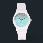Reloj De Pulsera Purpurina de plata azul Aqua verde azulada Monogra<br><div class="desc">Reloj de nombres del Purpurina de espuma azul y Verde azulado de plata Aqua. Esto hace que la graduación perfecta, el cumpleaños, el boda, la ducha de novia, el aniversario, la ducha de bebé o la fiesta de soltera sea un regalo para alguien que ama el lujo glam y los...</div>