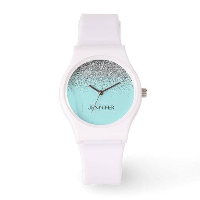 Reloj De Pulsera Purpurina de plata azul Aqua verde azulada Monogra (Anverso)
