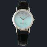 Reloj De Pulsera Purpurina de plata azul Aqua verde azulada Monogra<br><div class="desc">Reloj de nombres del Purpurina de espuma azul y Verde azulado de plata Aqua. Esto hace que la graduación perfecta, el cumpleaños, el boda, la ducha de novia, el aniversario, la ducha de bebé o la fiesta de soltera sea un regalo para alguien que ama el lujo glam y los...</div>