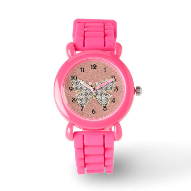 Reloj De Pulsera Purpurina de Plata Rosa Girona Mariposa Diamantes (Anverso)