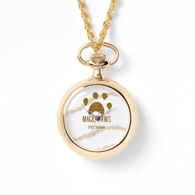 Reloj De Pulsera Purpurina dorado paws mascota salon añadir nombre  (Anverso)