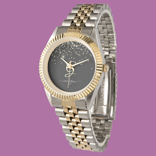 Reloj De Pulsera Purpurina dorado y Monograma Nombre de guión blanc