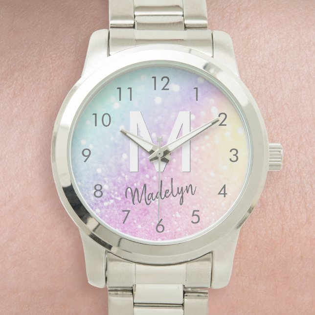 Reloj De Pulsera Purpurina glamoroso Holograma Bonito monogramada (Nothing says glam like this stunning watch that features a holographic glitter effect and your name.)