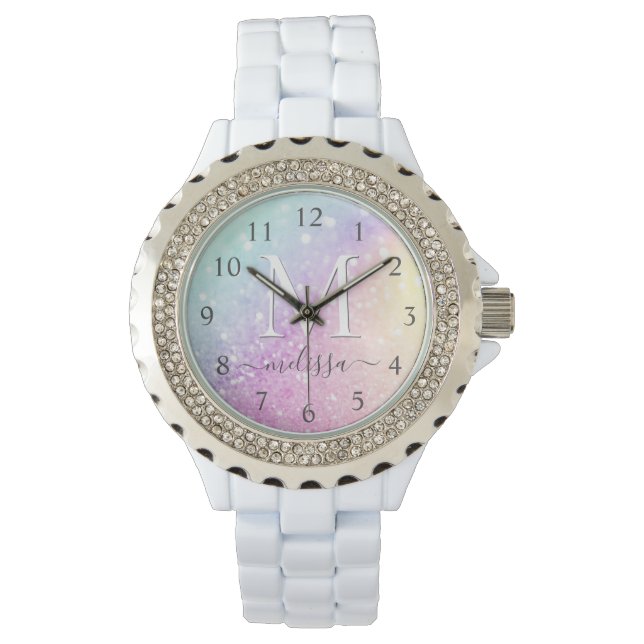 Reloj De Pulsera Purpurina glamoroso Holograma Bonito monogramada (Anverso)