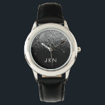 Reloj De Pulsera Purpurina negro plateado Monograma Girly Name Init<br><div class="desc">Reloj de nombres de monograma del Purpurina de espuma negro y plateado. Esto hace que el dulce perfecto cumpleaños 16,  boda,  ducha de novia,  aniversario,  ducha de bebé o fiesta de soltera sea regalo para alguien que ama el lujo glam y los estilos de moda.</div>