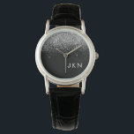 Reloj De Pulsera Purpurina negro plateado Monograma Girly Name Init<br><div class="desc">Reloj de nombres de monograma del Purpurina de espuma negro y plateado. Esto hace que la graduación perfecta, el cumpleaños, el boda, la ducha de novia, el aniversario, la ducha de bebé o la fiesta de soltera sea un regalo para alguien que ama el lujo glam y los estilos de...</div>