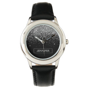 Reloj De Pulsera Purpurina negro plateado Monograma Girly Nombre