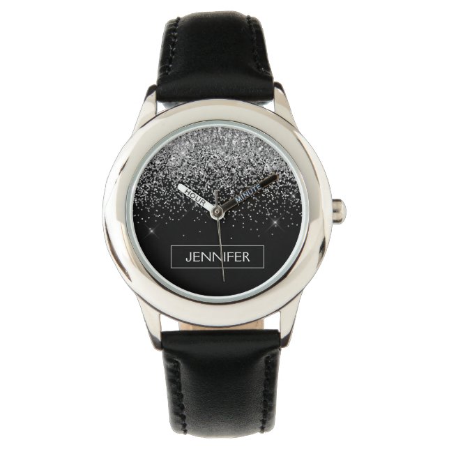 Reloj De Pulsera Purpurina negro plateado Monograma Girly Nombre (Anverso)