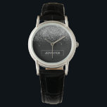 Reloj De Pulsera Purpurina negro plateado Monograma Girly Nombre<br><div class="desc">Reloj de nombres de monograma del Purpurina de espuma negro y plateado. Esto hace que la graduación perfecta, el cumpleaños, el boda, la ducha de novia, el aniversario, la ducha de bebé o la fiesta de soltera sea un regalo para alguien que ama el lujo glam y los estilos de...</div>