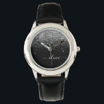 Reloj De Pulsera Purpurina negro plateado Script Monograma Nombre d<br><div class="desc">Reloj de nombres de monograma del Purpurina de esparkle negro y plateado. Esto hace que el dulce perfecto cumpleaños 16,  boda,  ducha de novia,  aniversario,  ducha de bebé o fiesta de soltera sea regalo para alguien que ama el lujo glam y los estilos de moda.</div>