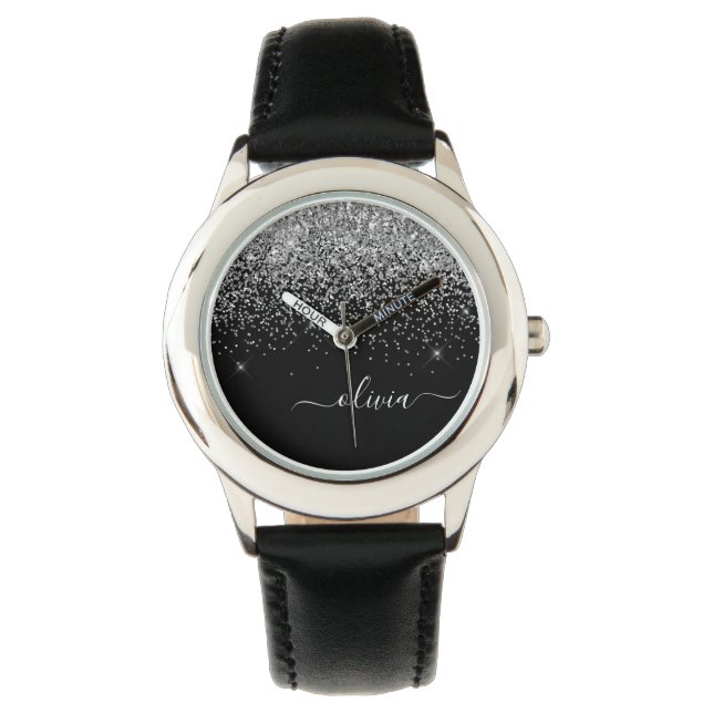 Reloj De Pulsera Purpurina negro plateado Script Monograma Nombre d (Anverso)