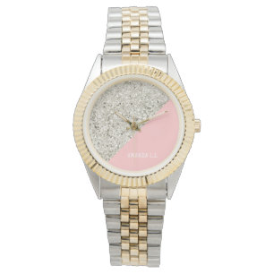 Reloj De Pulsera Purpurina plateado blanco moderno Triángulo rosa