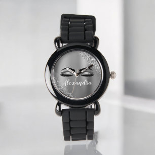 Reloj De Pulsera Purpurina plateado Sparkle Eyelashes Monograma Nom