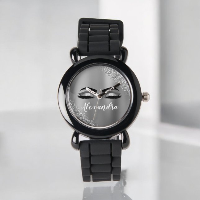 Reloj De Pulsera Purpurina plateado Sparkle Eyelashes Monograma Nom (Subido por el creador)
