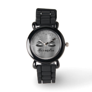 Reloj De Pulsera Purpurina plateado Sparkle Eyelashes Monograma Nom