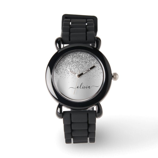 Reloj De Pulsera Purpurina plateado Sparkle Glam Monograma Metaliza (Anverso)