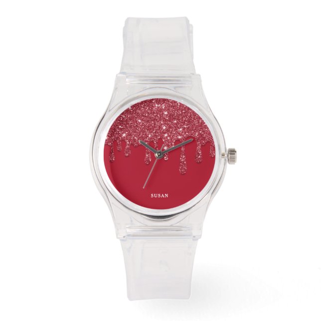Reloj De Pulsera Purpurina rojo gotear nombre personalizado mujeres (Anverso)