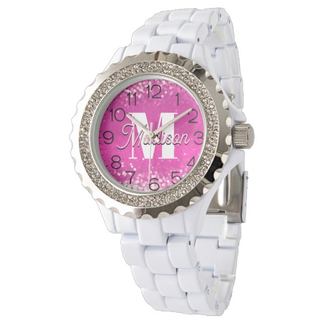 Reloj De Pulsera Purpurina rosa caliente Monograma de Bokeh (Angular)