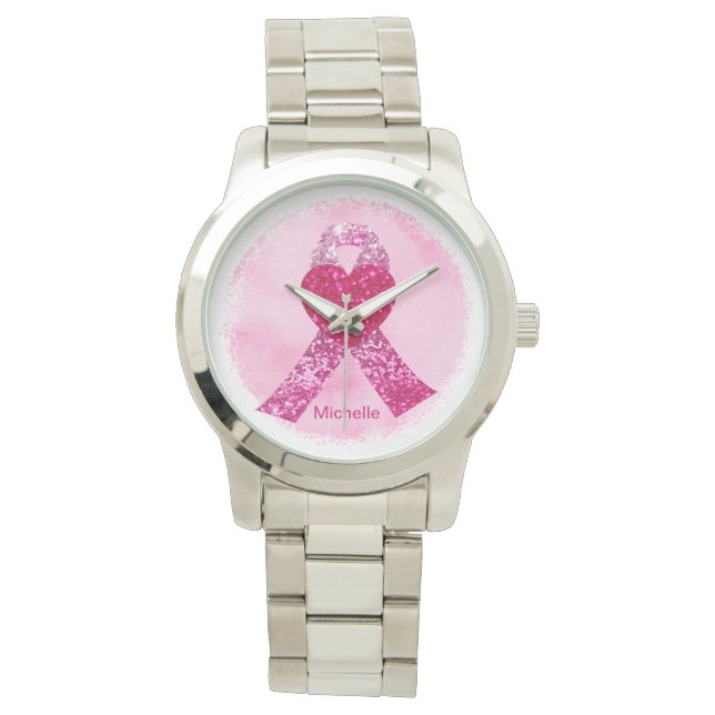 Reloj De Pulsera Purpurina Rosa Cinta Cinta de Cáncer de Mama Perso (Anverso)