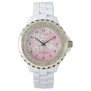 Reloj De Pulsera Purpurina rosa con flores de cerezo   Monograma Gi