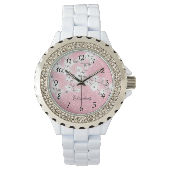 Reloj De Pulsera Purpurina rosa con flores de cerezo | Monograma Gi (Anverso)